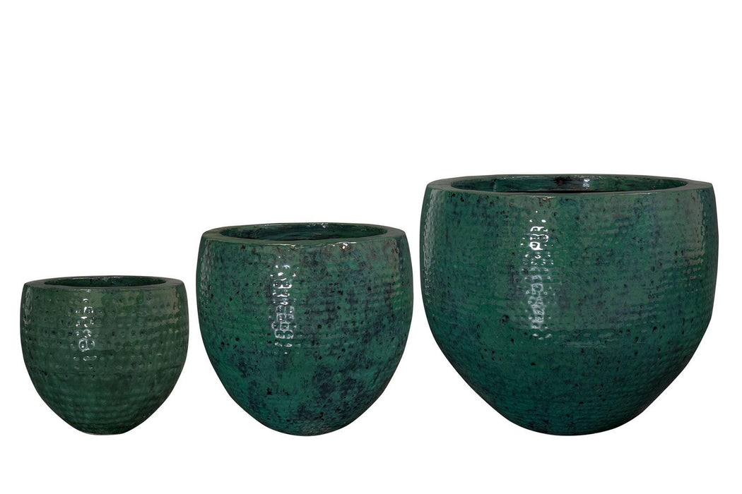 Set Di Tre Vasi Per Piante In Ceramica Verde Scuro