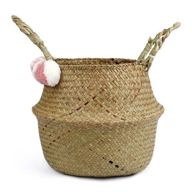 Cestino In Vimini Rosato Con Pompon