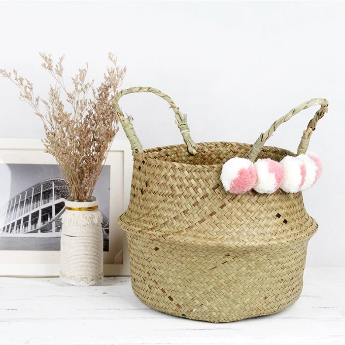 Cestino In Vimini Rosato Con Pompon