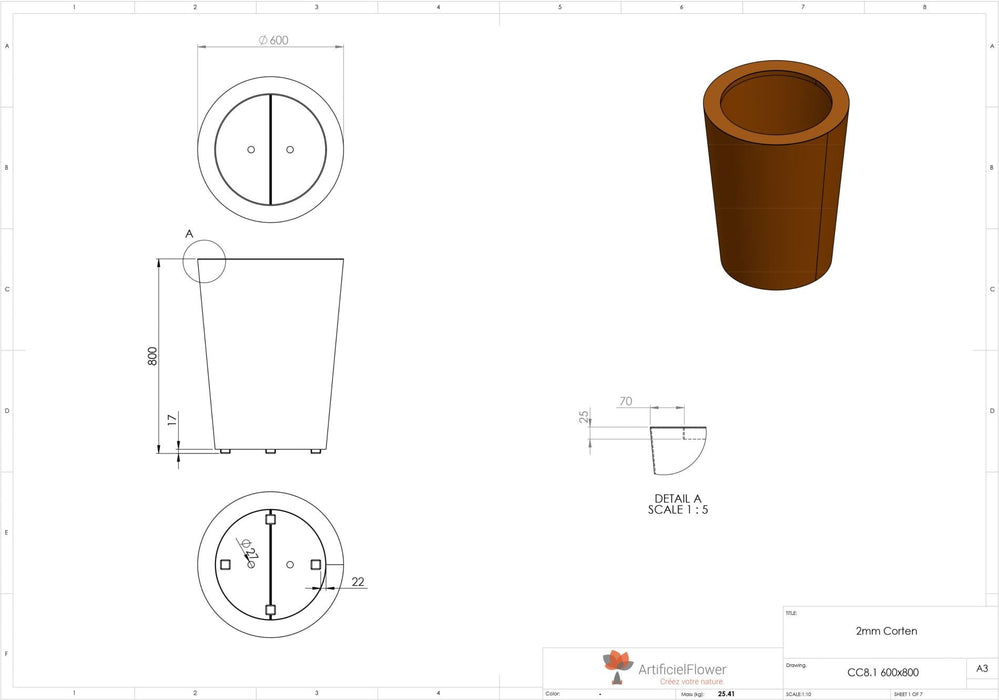 Vaso Da Fiori Conico Cado In Acciaio Corten Arrugginito 80 Cm