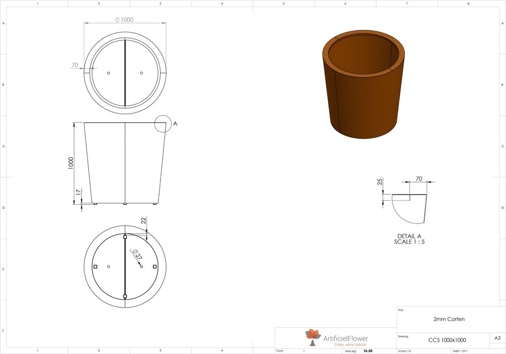 Vaso Da Fiori Conico In Acciaio Corten Arrugginito 100 Cm