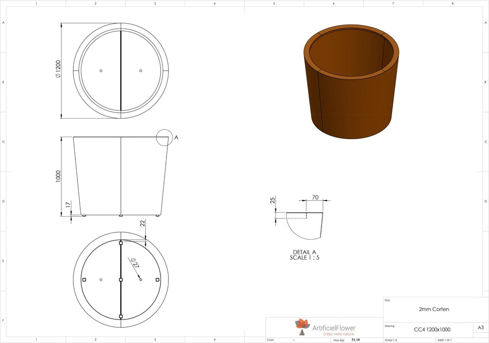 Vaso Da Fiori Cado In Acciaio Corten Arrugginito Da 100 Cm Da Giardino